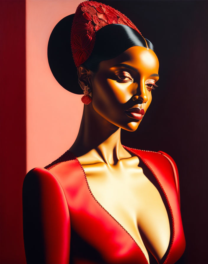 Stylized woman in red dress and hat on red and gold backdrop