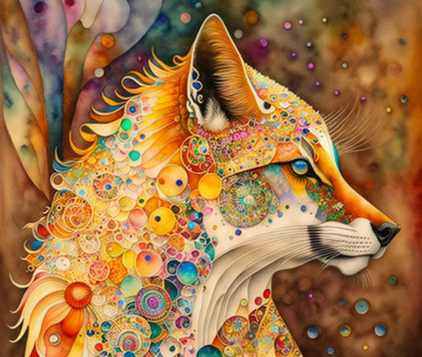 Vibrant Fox Head Artwork with Circular Patterns and Bubbles