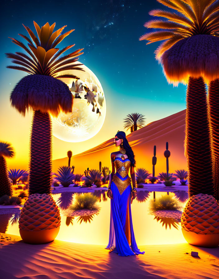 Woman in blue dress in surreal desert with oversized flora and moon giraffes