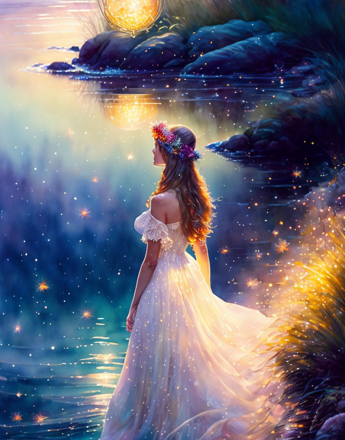 Woman in white dress with floral headpiece by mystical river and glowing orb under starlit sky