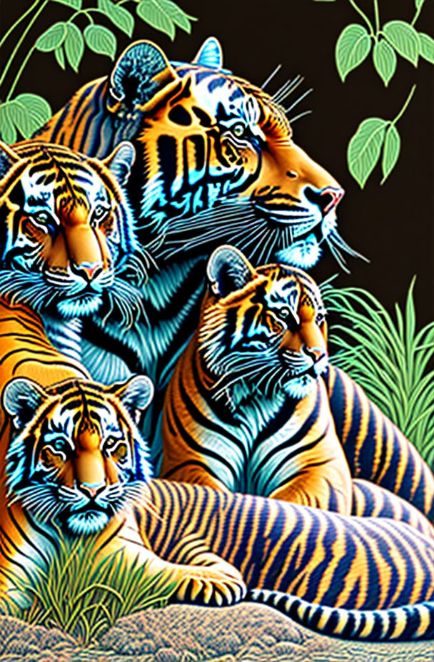 Four Tigers Illustration in Vibrant Orange, Black, and Blue Hues