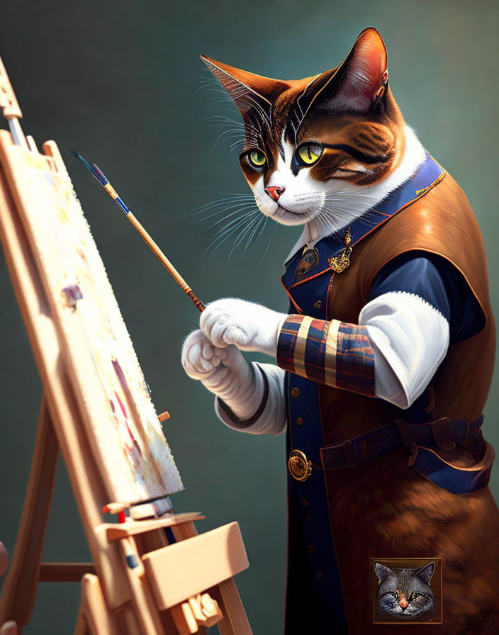 Anthropomorphic cat in elegant outfit painting on canvas