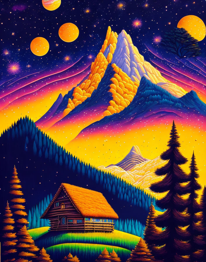 Fantasy landscape with cozy cabin, mountains, and colorful planets