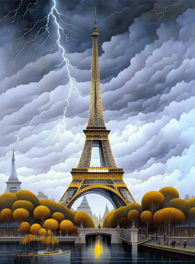 Iconic Eiffel Tower at twilight with stormy sky, lightning bolts, autumn trees, river