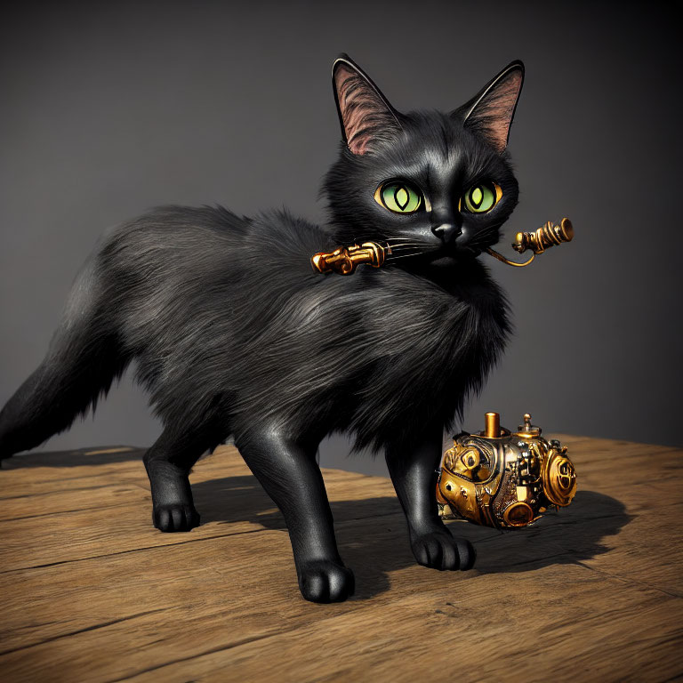 Black Cat with Green Eyes Next to Steampunk Device on Wooden Surface