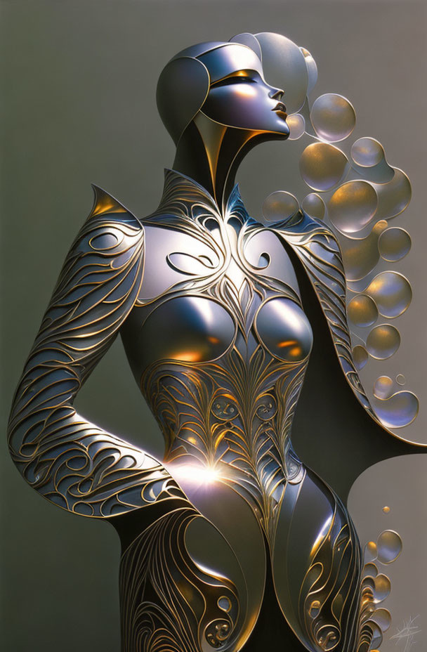 Metallic humanoid figure with ornate designs and floating bubbles in futuristic setting