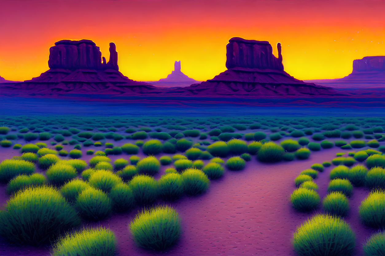 Twilight desert landscape with iconic buttes and winding path