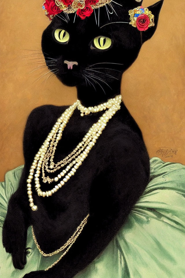 Black Cat with Pearl Necklace and Floral Crown on Tan Background