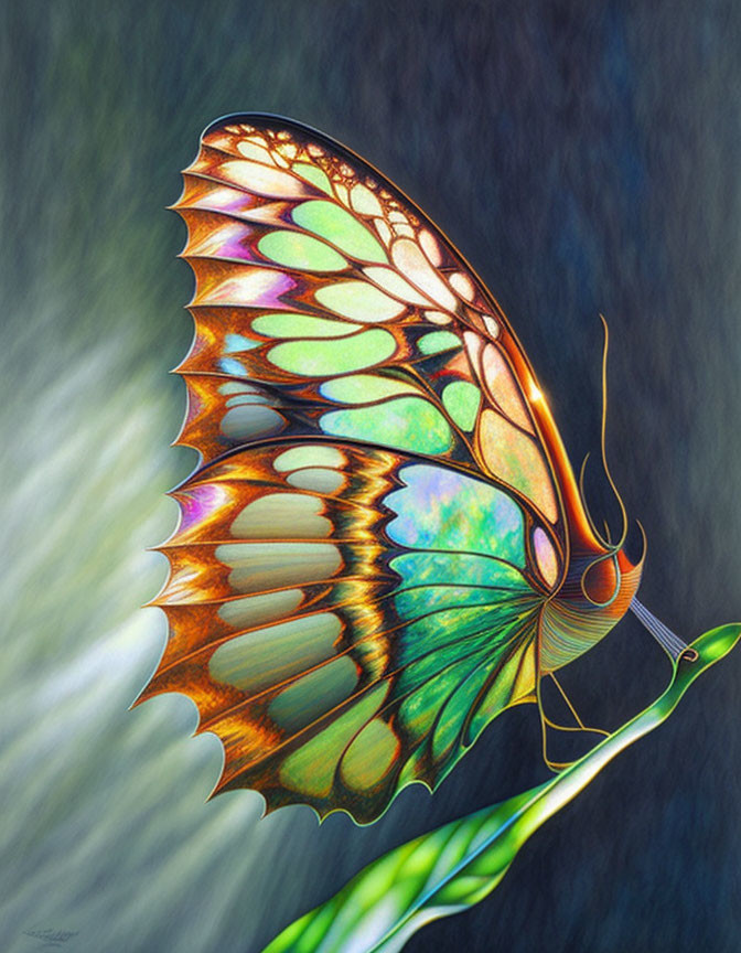 Colorful Butterfly Artwork with Intricate Wing Patterns on Green Leaf