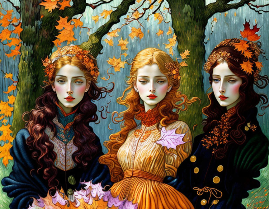 Three women with autumn leaves in hair near vibrant tree