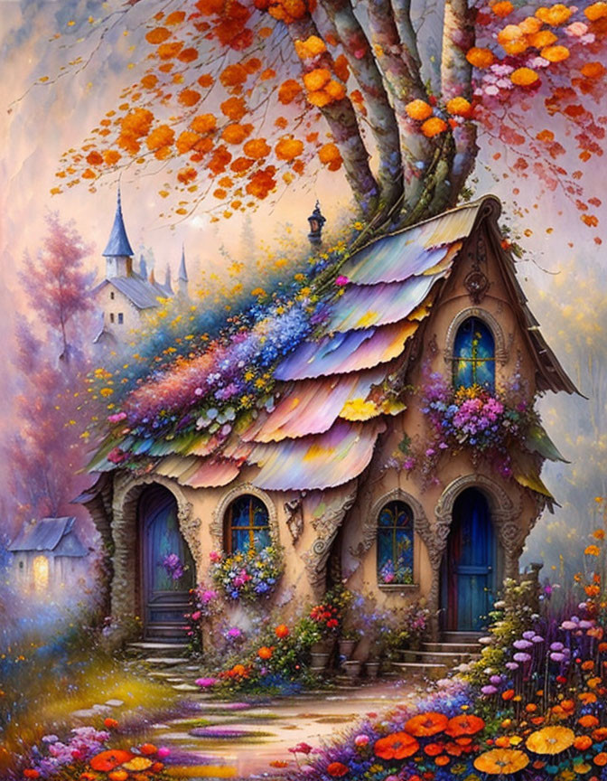 Colorful Roof Cottage Surrounded by Autumn Trees and Castle