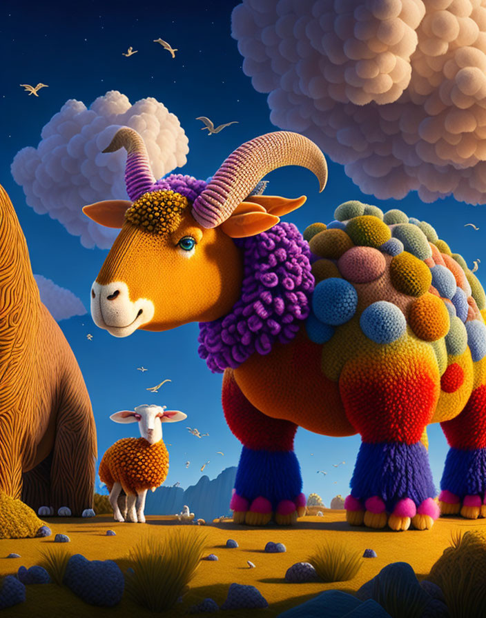 Colorful Ram and Sheep in Whimsical Landscape at Dusk