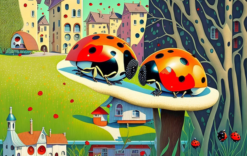 Stylized ladybugs on mushroom with colorful background