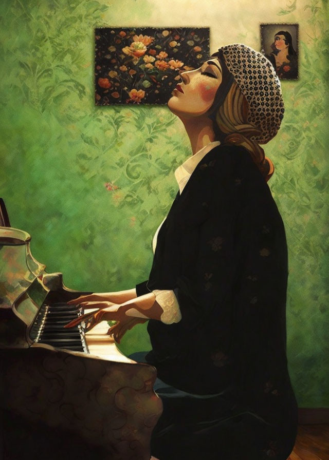 Stylized painting of woman playing piano in floral wallpaper room