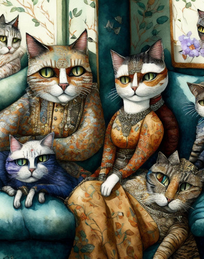 Anthropomorphic Cats in Vintage Clothing Family Portrait Illustration