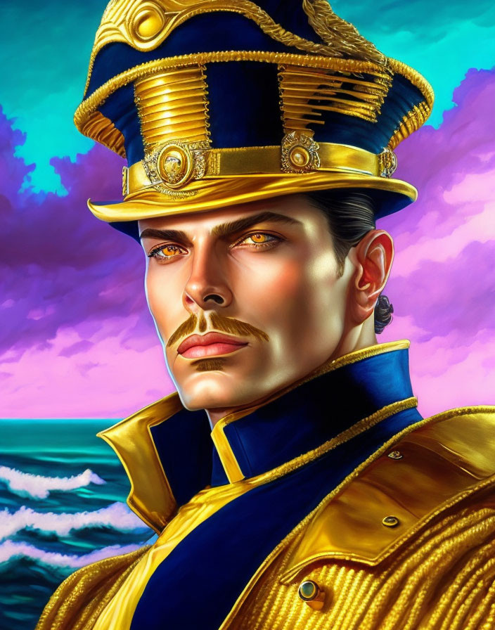 Man in ornate military uniform with blue hat and golden epaulettes against sunset ocean.