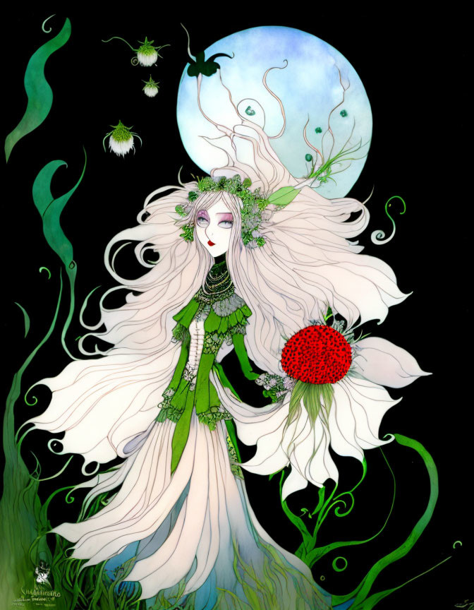 Pale woman with white hair holding red flower in moonlit scene