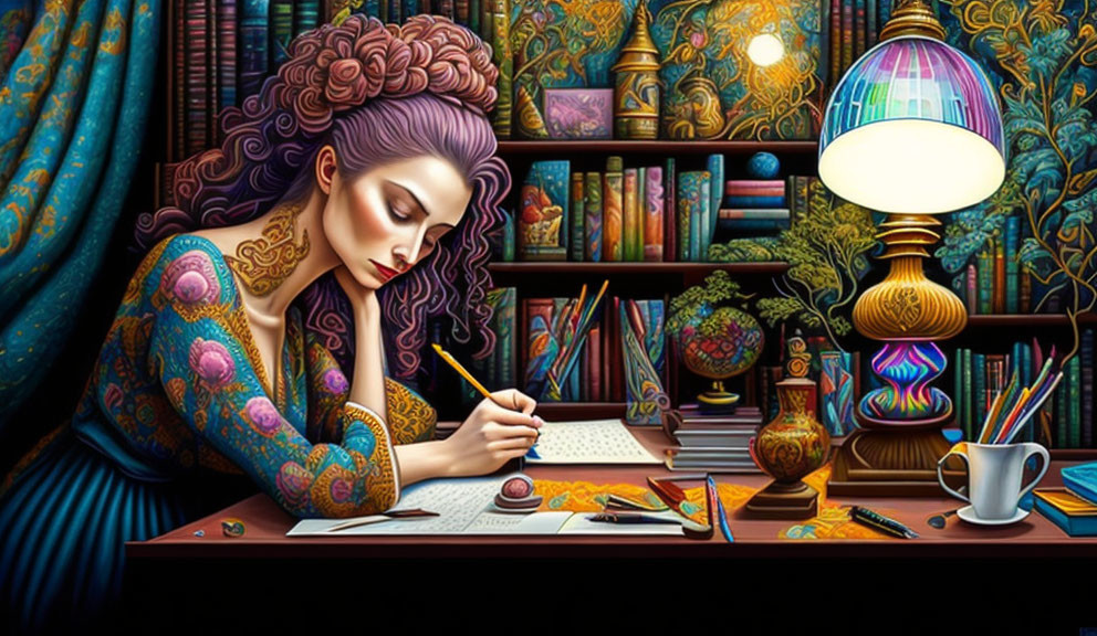 Illustration of woman with voluminous hair at desk with books, art supplies, lamp, and coffee