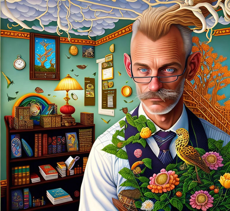 Illustrated man with mustache in floral vest, surrounded by books, clock, lamp, and autumn