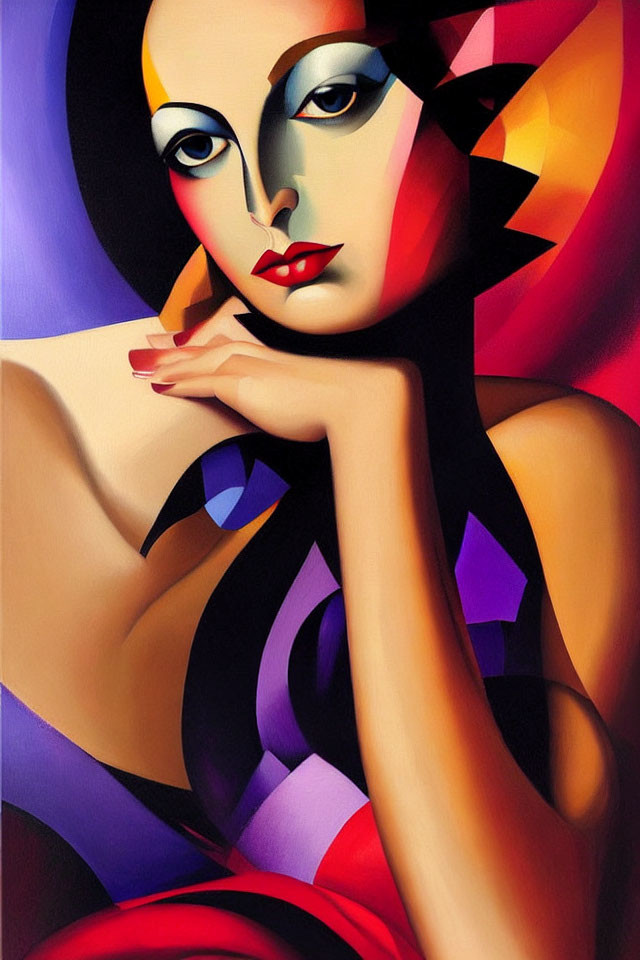 Vibrant abstract portrait of a contemplative woman with geometric shapes