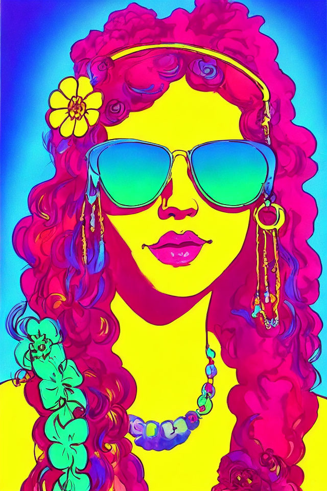 Colorful portrait of woman with red curly hair and blue sunglasses against gradient backdrop