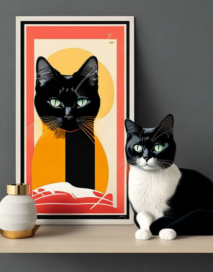 Black and white cat next to vibrant orange framed illustration