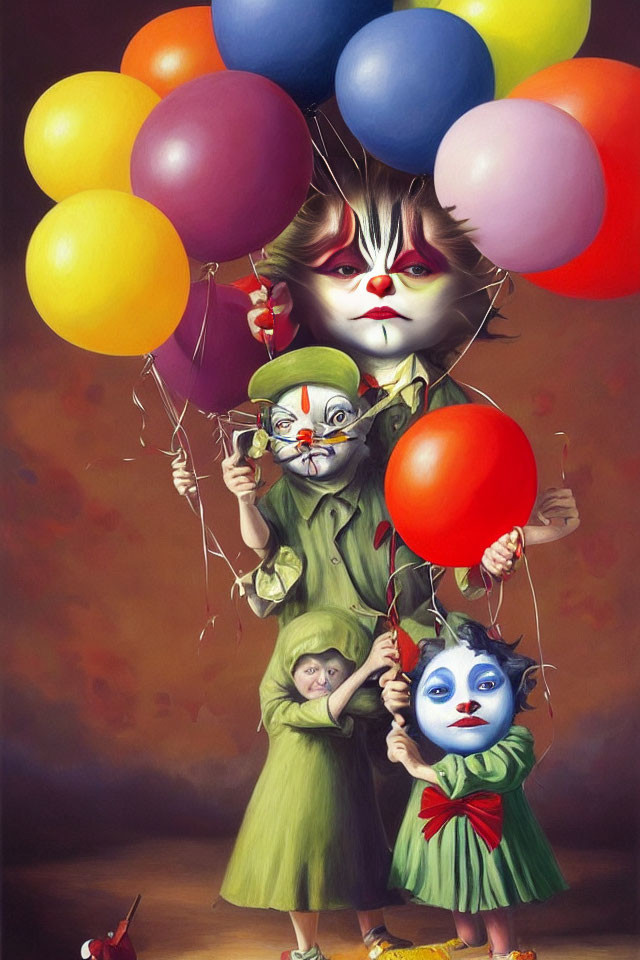 Anthropomorphic Cats in Clown Makeup with Balloons in Surreal Painting