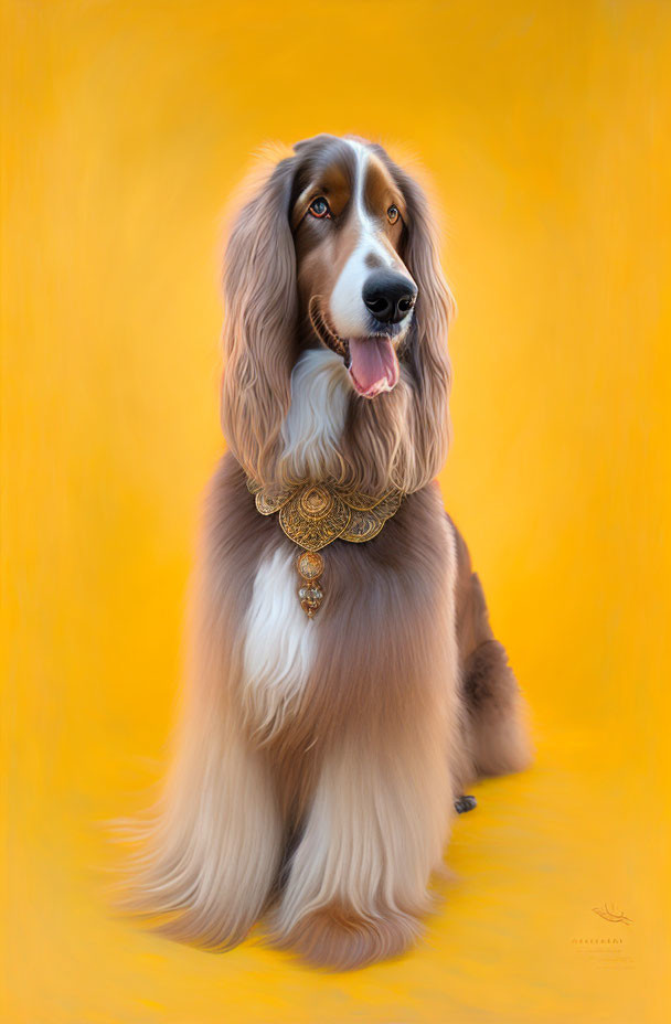 Regal dog with long brown and white fur and gold collar on warm yellow backdrop