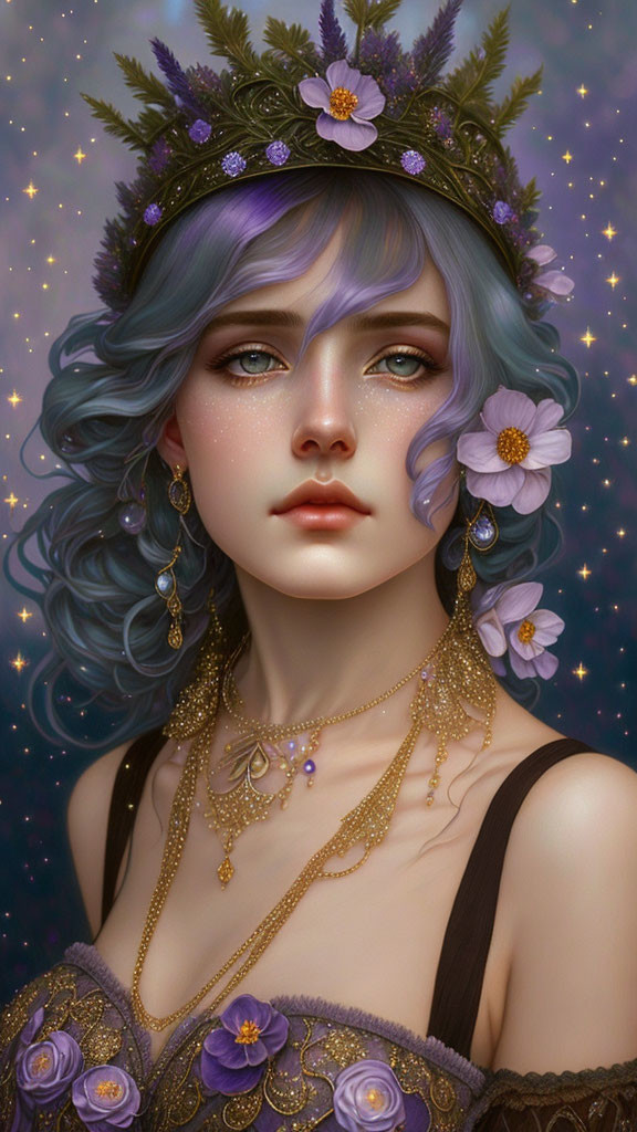 Digital artwork featuring woman with blue wavy hair, violet eyes, floral crown, gold jewelry, and