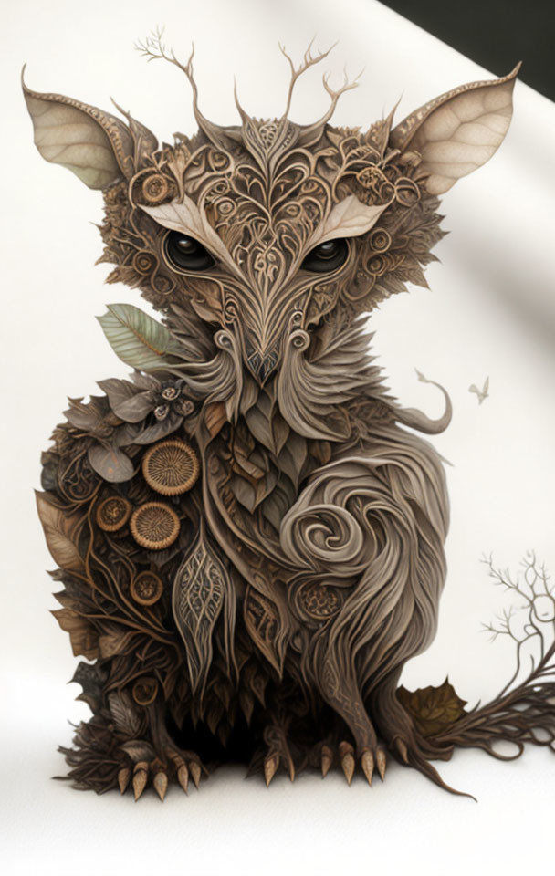 Detailed mythical creature illustration with owl-like features and ornate patterns.