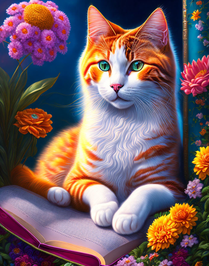 Colorful Cat Sitting on Book Among Flowers