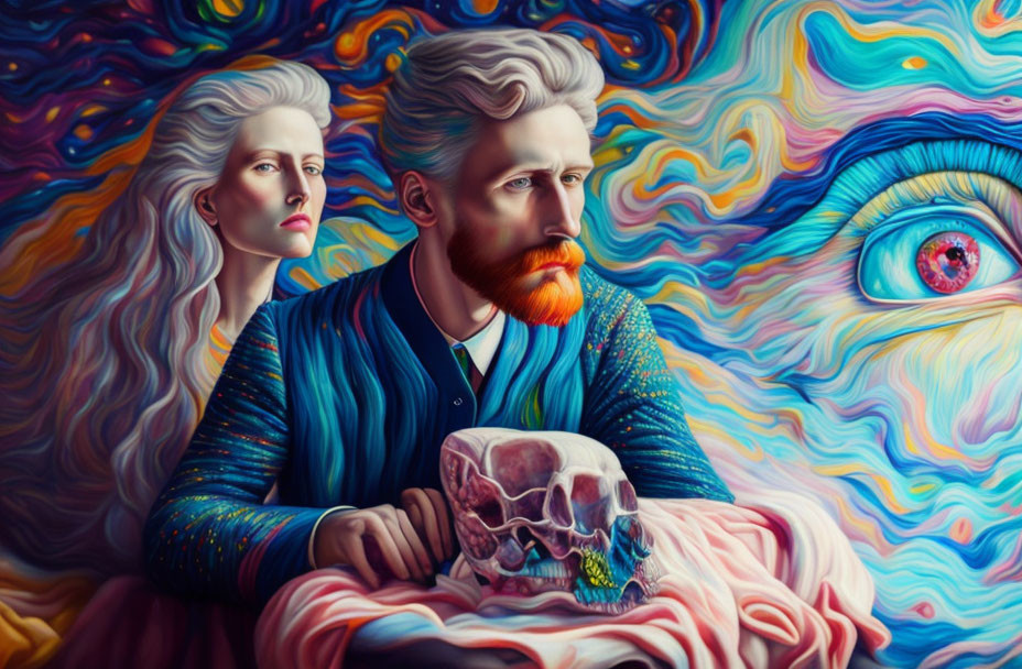 Colorful psychedelic portrait of bearded man and woman with skull in intricate clothing.