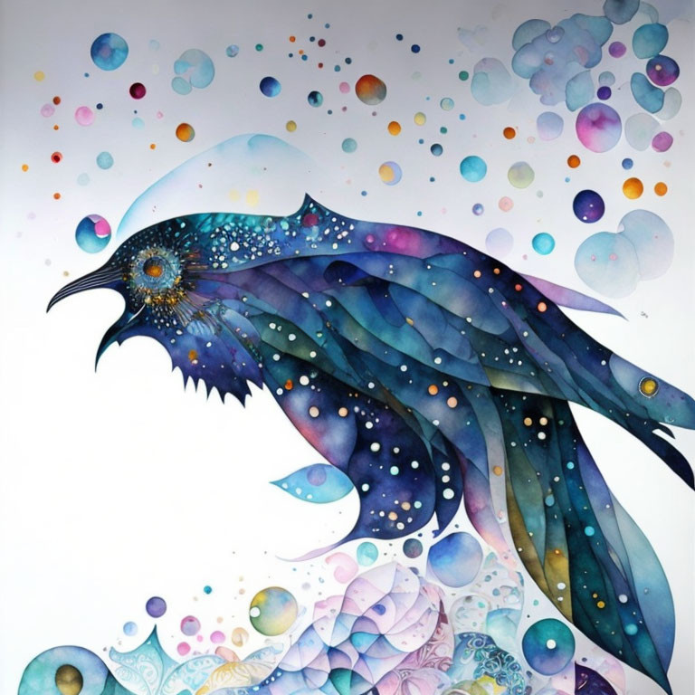 Abstract bird with cosmic wings in vibrant watercolor art