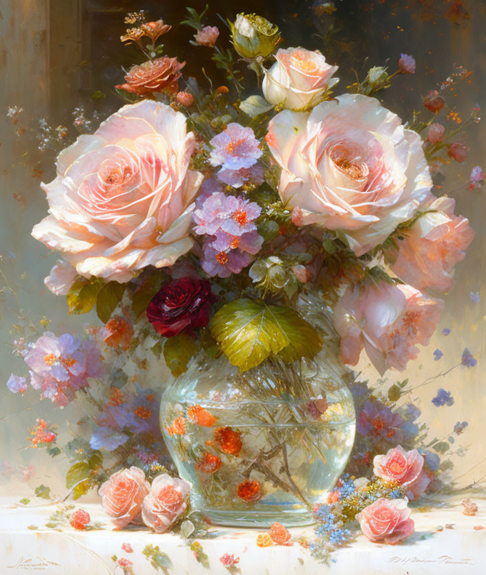 Colorful Roses and Flowers in Glass Vase on Warm Background