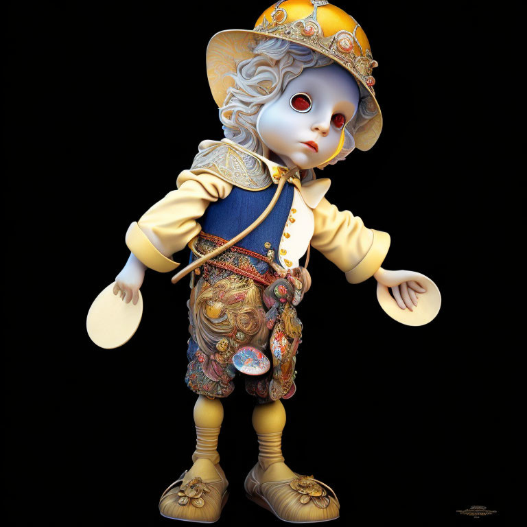 Porcelain doll with red eyes in yellow hat and blue outfit