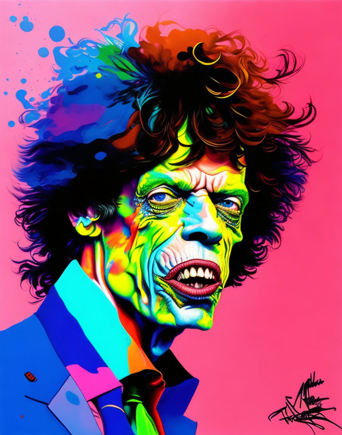 Vibrant pop art-style portrait of a man with wild hair