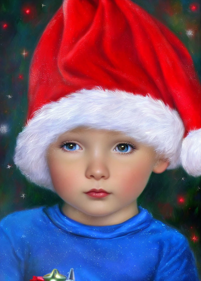 Child with Blue Eyes in Santa Hat and Festive Attire Against Twinkling Background