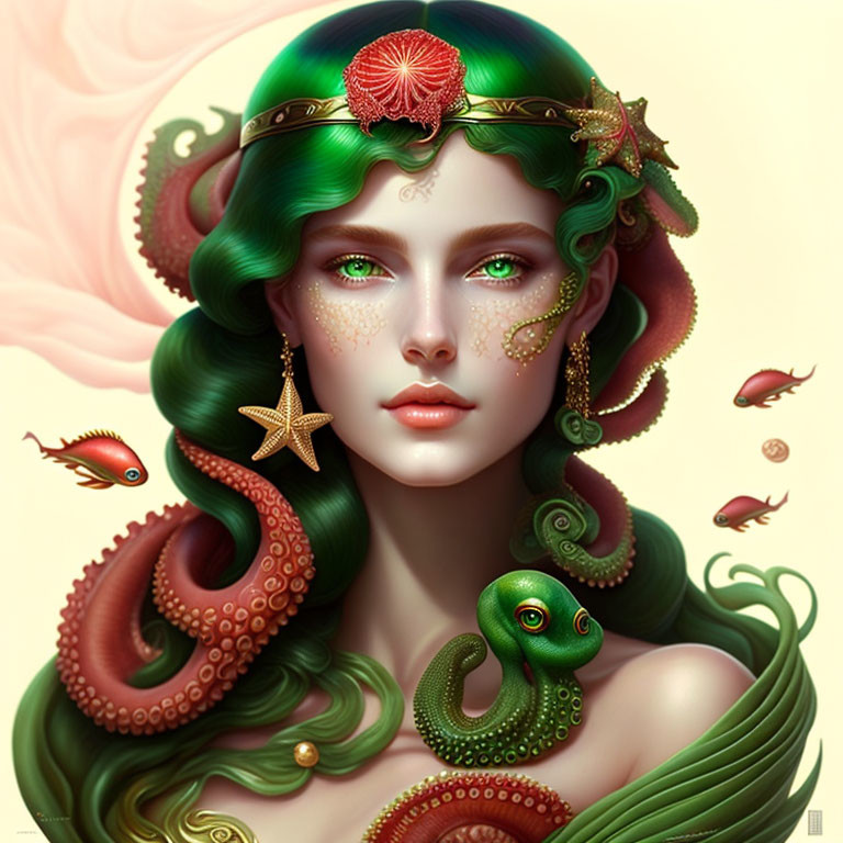 Fantasy Artwork: Woman with Green Wavy Hair and Sea-themed Accessories