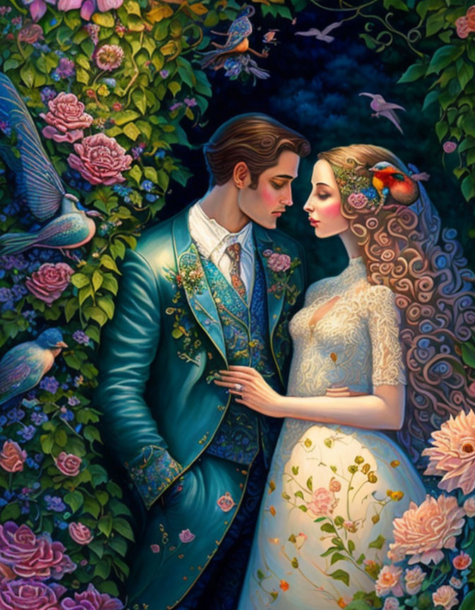 Illustrated couple embraces in vibrant garden with roses and birds