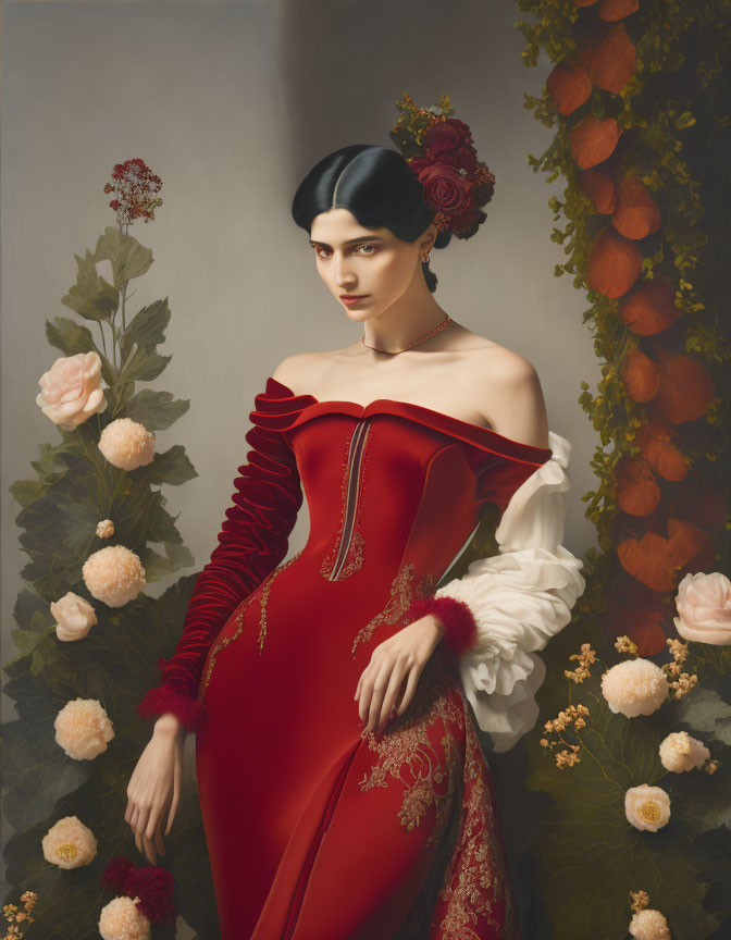 Woman in Red and Gold Embroidered Gown Among Flowers