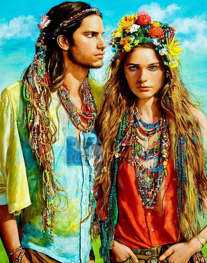 Bohemian man and woman with colorful accessories against blue sky