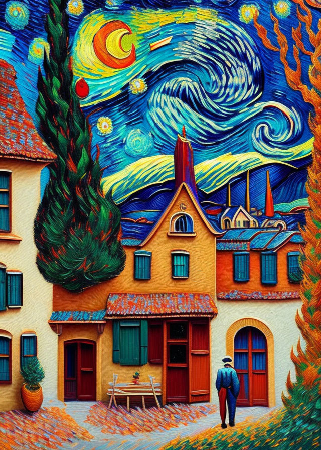 Colorful Night Sky & Quaint Houses Illustration