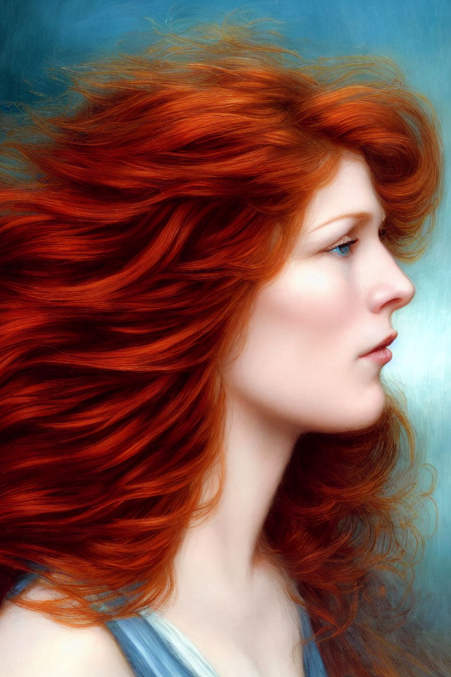 Profile Portrait of Woman with Flowing Red Hair on Blue Background