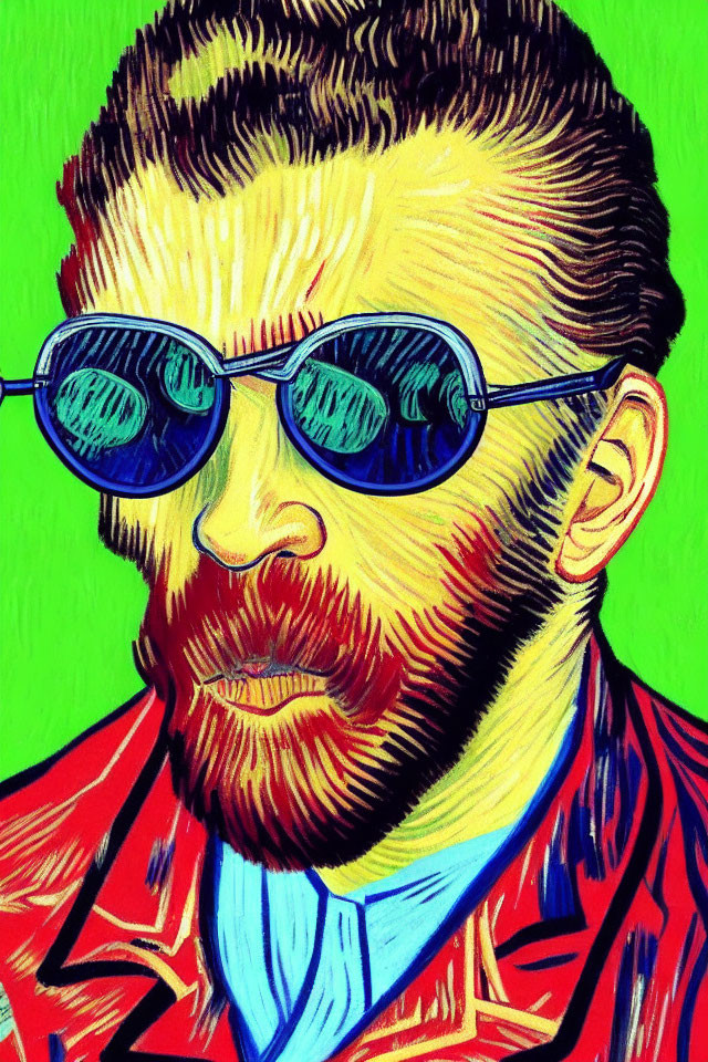 Colorful portrait of a bearded man with round blue glasses on bright green background