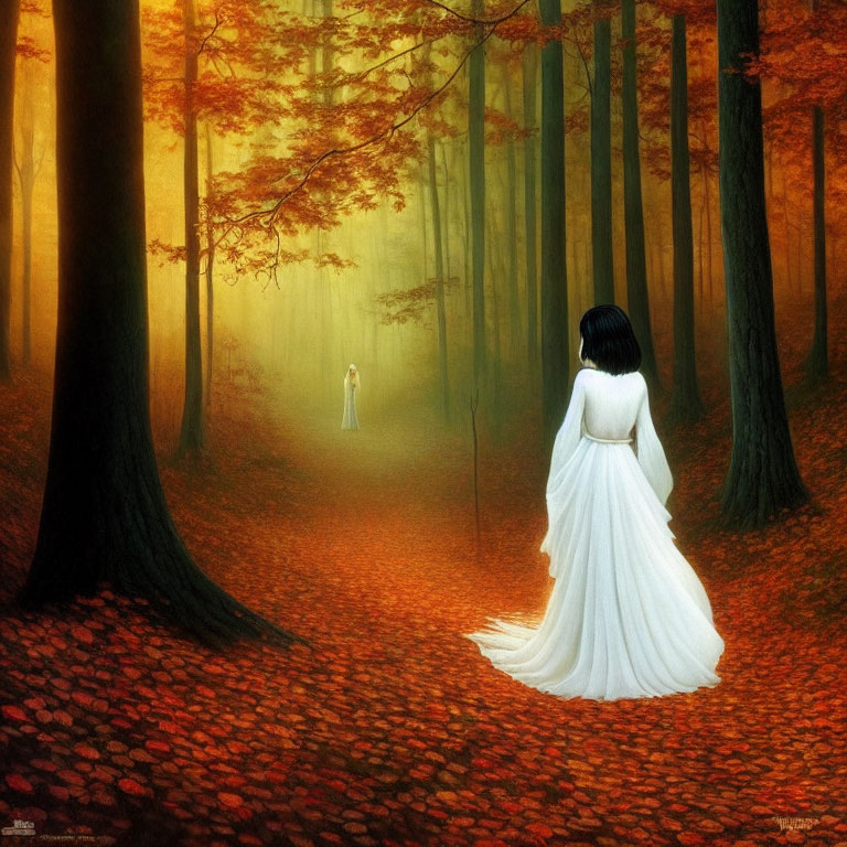 Woman in white dress in mystical autumn forest with red leaves and ghostly figure.