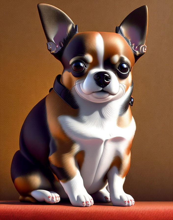 Stylized digital illustration of Chihuahua with exaggerated eyes wearing a collar