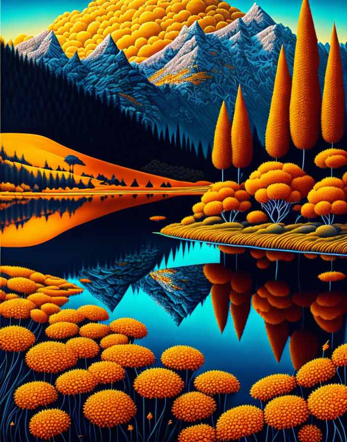 Colorful Landscape Painting: Lake, Orange Trees, Blue Mountains