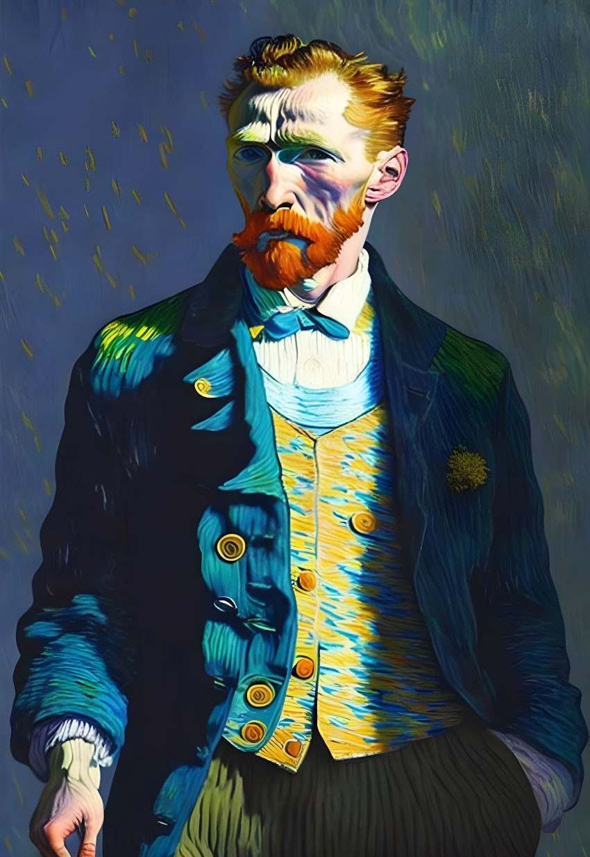 Colorful portrait of a bearded man with dynamic brushstrokes and blue-yellow contrast