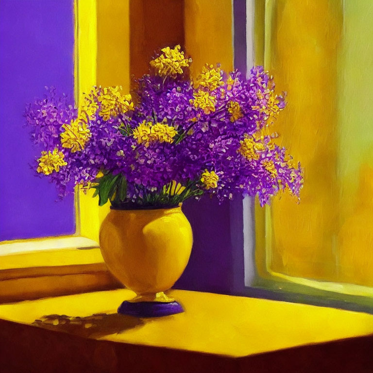 Colorful painting: Yellow vase, purple flowers, sunlit table, yellow curtains