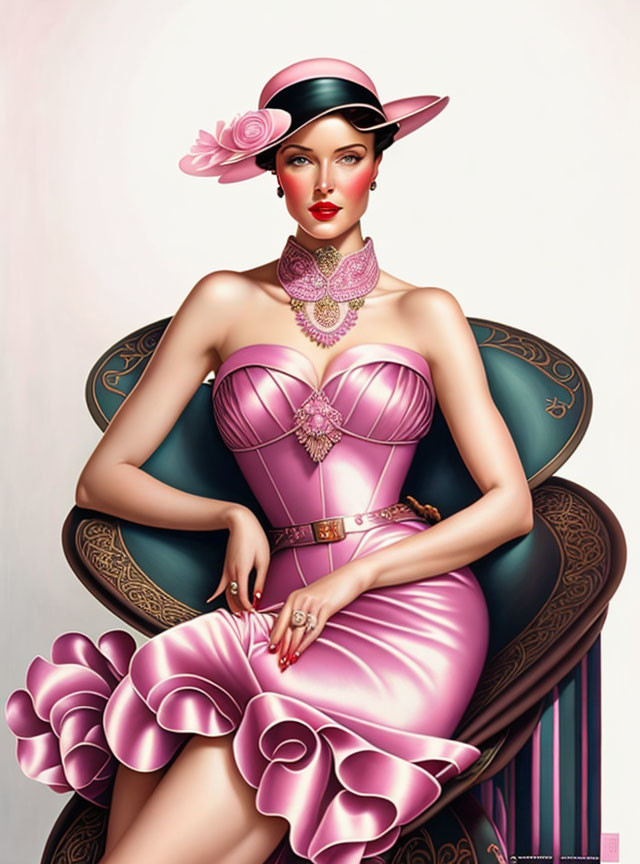 Stylized portrait of elegant woman in pink corset dress, chic hat, and sophisticated jewelry on